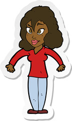 sticker of a cartoon woman shrugging shoulders