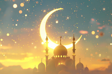 Mosque at night with big crescent, ramadan kareem