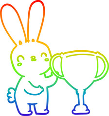 rainbow gradient line drawing cute cartoon rabbit with sports trophy cup