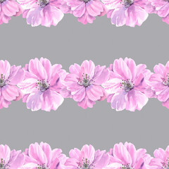 Watercolour Sakura spring flowers illustration seamless pattern. Seasonal Cherry blossom. Hand-painted. Botanical Floral elements. On silver stripe background. For print decoration, fabric, wrapping.