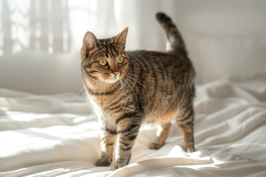 Domestic tabby cat on a cozy bed. Playful cute pet