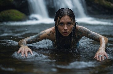 woman, tattooed hands, wet hair, in a waterfall, water, drops, splash.