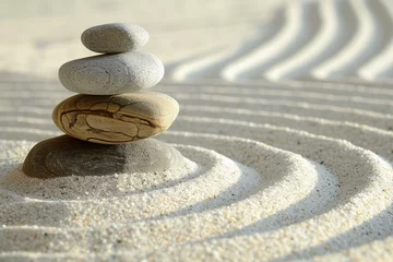 Schilderijen op glas Zen Simplicity: Minimalist Zen garden with raked sand and stones. © Nopparat