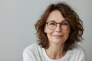 Obraz premium Closeup portrait of mature beautiful woman with short hair wearing glasses, isolated on light background