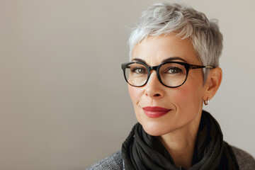 Fototapeta premium Closeup portrait of mature beautiful woman with short hair wearing glasses, isolated on light background