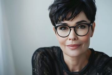 Fototapeta na wymiar Closeup portrait of mature beautiful woman with short hair wearing glasses, isolated on light background