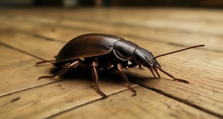  A close-up of a beetle on a wooden surface