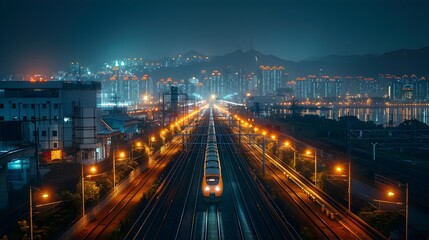 Fototapeta na wymiar Night Train Passing Through Dazzling Seoul Cityscape