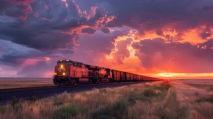 Freight Train Crossing Prairie at Sunset in American Romanticism Style - obrazy, fototapety, plakaty