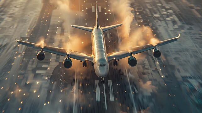 Airplane Taking Off on a Runway in a Rainstorm