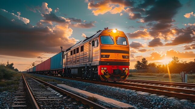 Yellow Train on Railway Tracks at Sunset