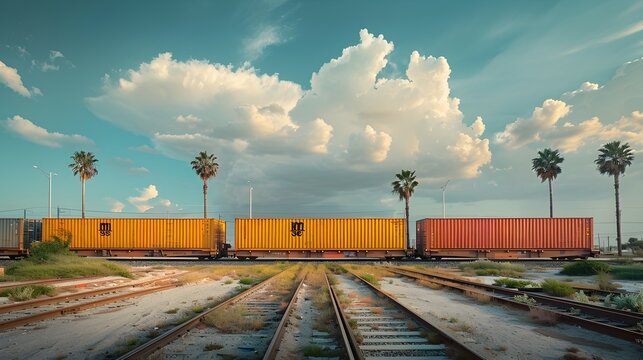 Yellow Trains on Tracks near Palm Trees in Atmospheric Landscape