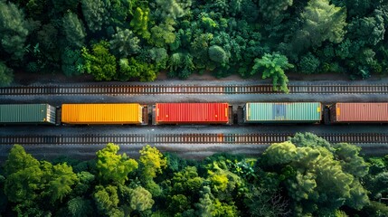 Fototapeta premium Colorful Cargo Train Containers Traveling Through the Jungle