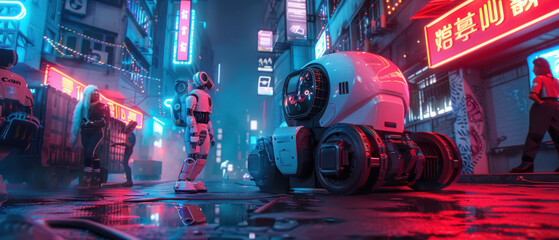 A robot is driving down a street in a neon city