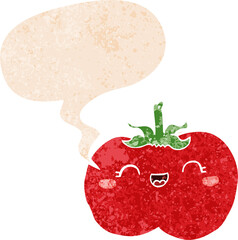 cartoon tomato and speech bubble in retro textured style