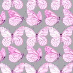 Obraz premium Watercolour Butterflies with pink wings illustration seamless pattern. On silver background. Hand-painted elements insect. Hand drawn delicate insects. For decoration, postcard, fabric, sketchbook