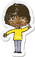 retro distressed sticker of a cartoon woman with idea
