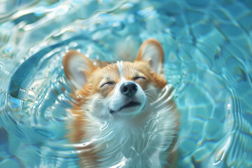 A dog is swimming in a pool and appears to be very happy