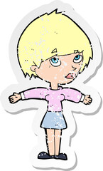 retro distressed sticker of a cartoon woman with open arms