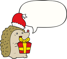 cartoon hedgehog wearing christmas hat and speech bubble