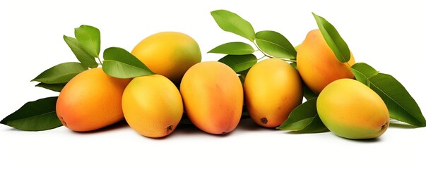 Fresh mango fruits and green leaves isolated on white, set