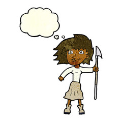 cartoon woman with spear with thought bubble