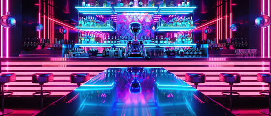 A neon bar with neon lights and neon colored stools