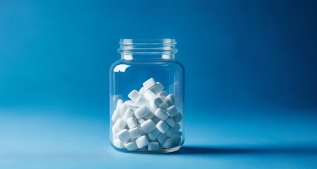  A jar of white pills against a blue background