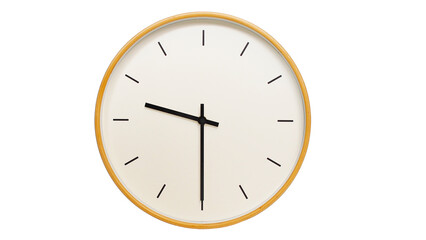 Isolated on white background Minimalist style wooden wall clock, showing time at 9:30.