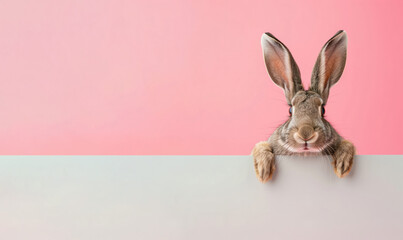 A funny happy Easter hare peek out from white blank board. Space for text. 