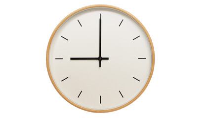 Isolated on white background Minimalist style wooden wall clock, showing time at 9:00.