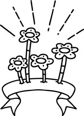banner with black line work tattoo style flowers growing