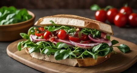  Freshly made sandwich with vibrant greens and cherry tomatoes
