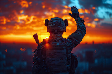 Rear view of military soldier stands on hill and signaling with his hand in front of sunset. - obrazy, fototapety, plakaty