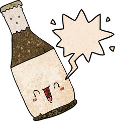 cartoon beer bottle and speech bubble in retro texture style