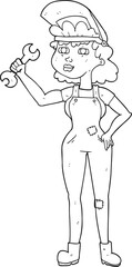 black and white cartoon woman with spanner