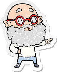 distressed sticker of a cartoon curious man with beard and glasses
