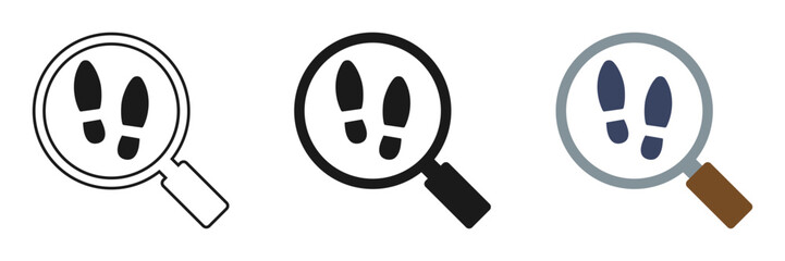 Set of magnifying glass icons with footprint. Vector illustratio