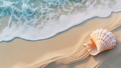 Fototapeta na wymiar Summer sand beach with seashell, copy space background