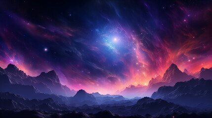 Cosmic landscape with nebula and stars in the background and mountains in the foreground wallpaper