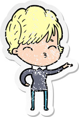 distressed sticker of a cartoon woman thinking