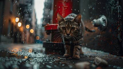 Urban Cat Walking in Rainy Night Street