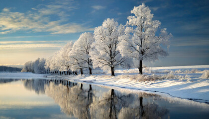 Snow-draped trees mirrored in water, evoking serenity and nostalgia - obrazy, fototapety, plakaty
