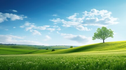 Fototapeta na wymiar Beautiful summer nature landscape with green trees, lonely tree among green fields with Green grassland and blue sky