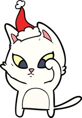confused line drawing of a cat wearing santa hat