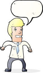 cartoon nervous businessman with speech bubble