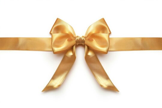  golden satin bow with horizontal ribbon isolated on a white background. Holiday decoration, decorative ribbon bow, gift bow, mothers day, birthday, anniversary, Christmas, new year, bow for gift box