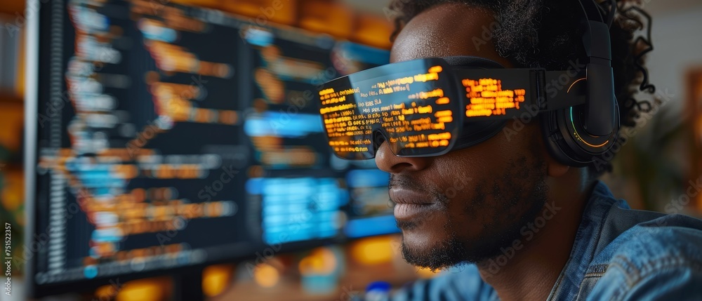 Aufkleber The computer coder in the headset codes the virtual program text in a 3D virtual environment. The software developer is composing code in a programming environment. The futuristic computer technology