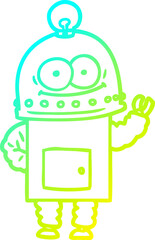 cold gradient line drawing happy carton robot with light bulb