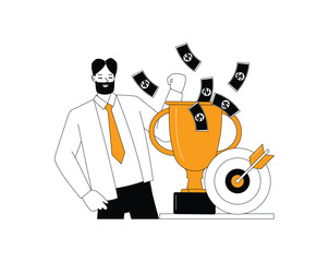 Business winner and success illustration concept. Businessman get award trophy and achieving target character outline flat and minimal vector design style.